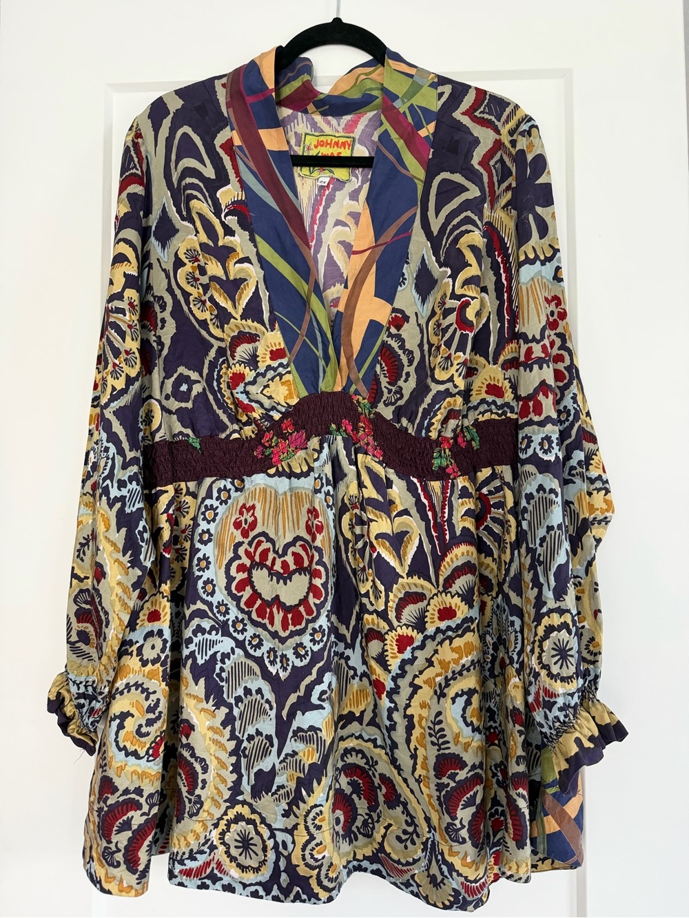 EUC Johnny Was Navy Multicolor Paisley V-Neck 100% Silk Tunic Pullover, Size 2X